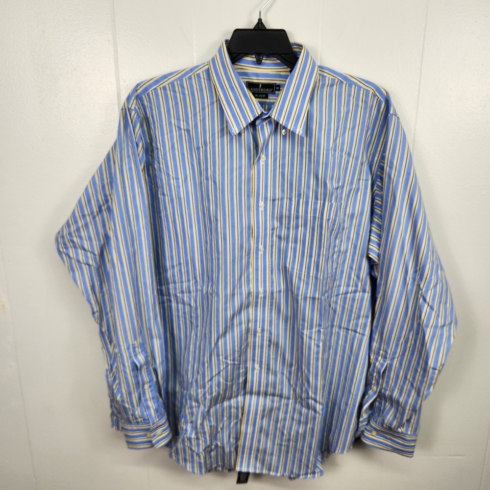 Lanesboro Shirt Mens 2XL Blue‎ Yellow Striped Button Down Non Iron Cotton Dress